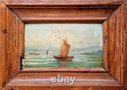 Charming Antique 19th-Century Seascape Painting of a Boat and Mount Vesuvius, Italy
