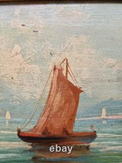 Charming Antique 19th-Century Seascape Painting of a Boat and Mount Vesuvius, Italy