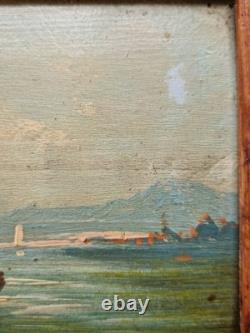 Charming Antique 19th-Century Seascape Painting of a Boat and Mount Vesuvius, Italy