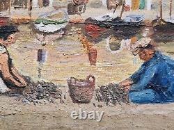 Charming Old Naive Painting Scene of Vir Port Fishermen Couple Fishing Sardines