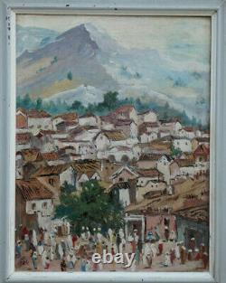 Charming Orientalist 1950. Landscape Of Morocco With Animated Village. Signed H.b.