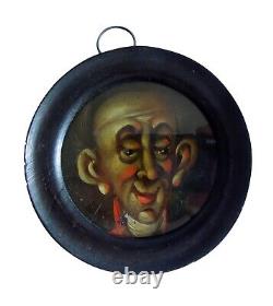 Charming Portrait Man Oil On Cardboard Round Frame Wood Blackened 18th 19th