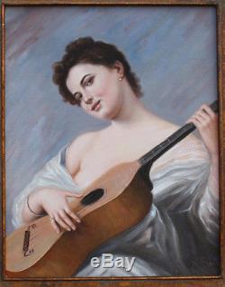 Charming Young Woman Has The Guitar. Music. Oil On Wood & Frame