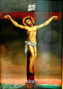 Christ On The Cross. Primitive Style Oil On Wood. Not Signed. Golden Frame 92 X 72 CM