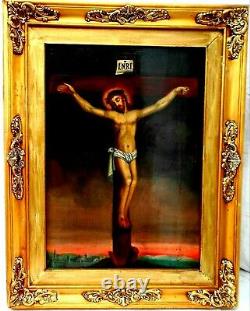 Christ On The Cross. Primitive Style Oil On Wood. Not Signed. Golden Frame 92 X 72 CM