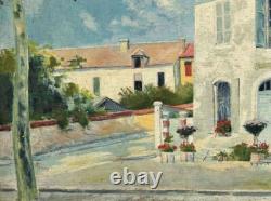 Cityscape Antique France Oil Painting, Landscape Building, House, Road