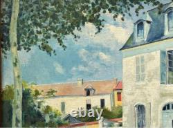 Cityscape Antique France Oil Painting, Landscape Building, House, Road