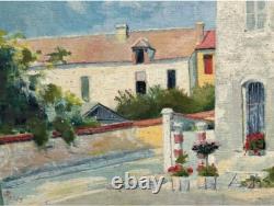 Cityscape Antique France Oil Painting, Landscape Building, House, Road