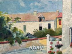 Cityscape Antique France Oil Painting, Landscape Building, House, Road