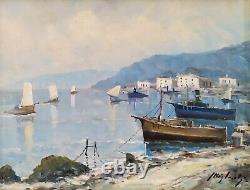 Coastal Landscape Napolitain Marine Landscape Fishing Boats Painting Oil Signed