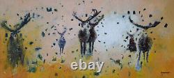 Contemporary painting with a herd of deer in oil on wood 82 x 38 cm