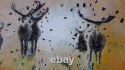 Contemporary painting with a herd of deer in oil on wood 82 x 38 cm