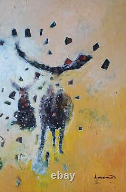 Contemporary painting with a herd of deer in oil on wood 82 x 38 cm