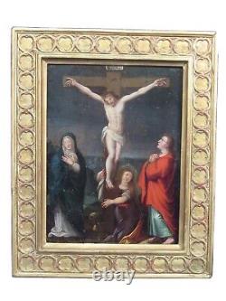 Cuivre Oil End 17th Beginning 18th Crucifixion Beautiful Golden Wood Frame