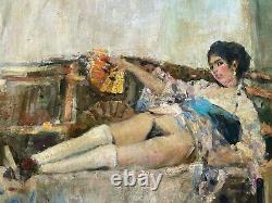 Curiosa Large Painting Signed Oil On Spanish Panel With Female Nude Fan