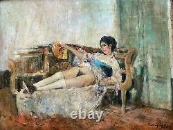 Curiosa Large Painting Signed Oil On Spanish Panel With Female Nude Fan