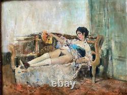Curiosa Large Painting Signed Oil On Spanish Panel With Female Nude Fan
