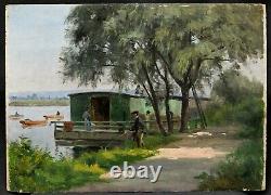 Dashboard Landscape Impressionist Oil Washing River Boat Fishing Fisherman