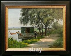 Dashboard Landscape Impressionist Oil Washing River Boat Fishing Fisherman