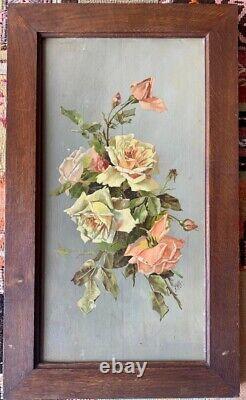 Dead Nature Painting Rose Bouquet Oil On Wood Signed Paul 1921