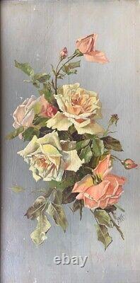 Dead Nature Painting Rose Bouquet Oil On Wood Signed Paul 1921