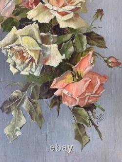 Dead Nature Painting Rose Bouquet Oil On Wood Signed Paul 1921