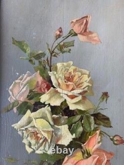 Dead Nature Painting Rose Bouquet Oil On Wood Signed Paul 1921