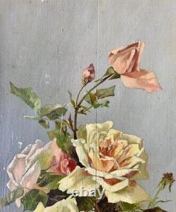 Dead Nature Painting Rose Bouquet Oil On Wood Signed Paul 1921