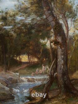 Dominique BARON painting landscape forest undergrowth bathers women Barbizon school