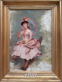 Duez (attributed) Woman Ombrella Elegant Oil French Painting Dress Portrait