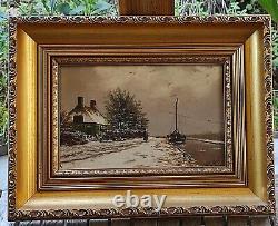 Dutch Signed Table in Excellent Condition, Oil on Panel Wood Frame 40x31cm