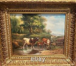 E. BOUDIN. Animated Landscape with Cows. Oil Painting on Wood Panel