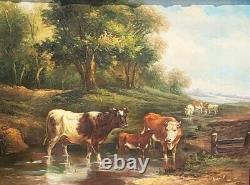 E. BOUDIN. Animated Landscape with Cows. Oil Painting on Wood Panel