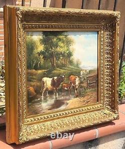 E. BOUDIN. Animated Landscape with Cows. Oil Painting on Wood Panel