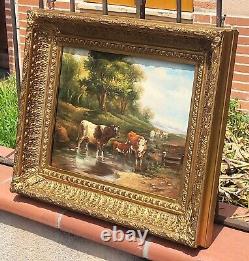 E. BOUDIN. Animated Landscape with Cows. Oil Painting on Wood Panel