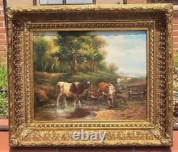 E. BOUDIN. Animated Landscape with Cows. Oil Painting on Wood Panel