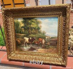 E. BOUDIN. Animated Landscape with Cows. Oil Painting on Wood Panel