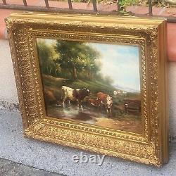 E. BOUDIN. Animated Landscape with Cows. Oil Painting on Wood Panel