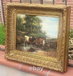 E. BOUDIN. Animated Landscape with Cows. Oil Painting on Wood Panel