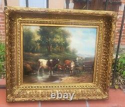 E. BOUDIN. Animated Landscape with Cows. Oil Painting on Wood Panel