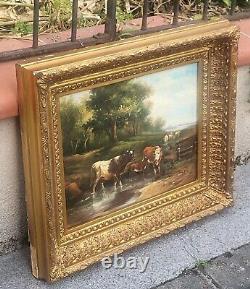 E. BOUDIN. Animated Landscape with Cows. Oil Painting on Wood Panel