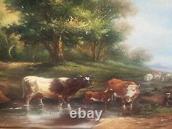 E. BOUDIN. Animated Landscape with Cows. Oil Painting on Wood Panel