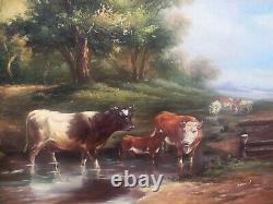 E. BOUDIN. Animated Landscape with Cows. Oil Painting on Wood Panel