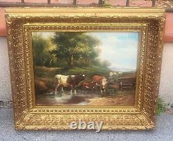 E. BOUDIN. Animated Landscape with Cows. Oil Painting on Wood Panel