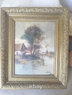 E. DEVIZ Superb Rural Landscape Painting with Cottage and Farm Woman, Oil on Wood No. 2