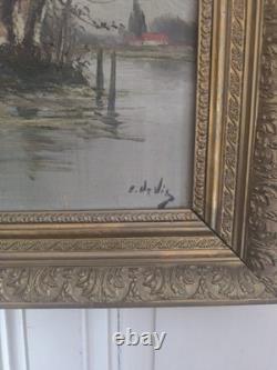 E. DEVIZ Superb Rural Landscape Painting with Cottage and Farm Woman, Oil on Wood No. 2