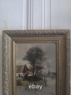 E. DEVIZ Superb Rural Landscape Painting with Cottage and Farm Woman, Oil on Wood No. 2