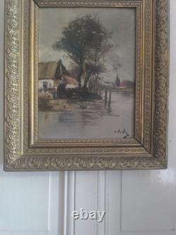 E. DEVIZ Superb Rural Landscape Painting with Cottage and Farm Woman, Oil on Wood No. 2
