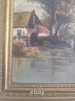 E. DEVIZ Superb Rural Landscape Painting with Cottage and Farm Woman, Oil on Wood No. 2