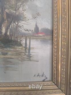 E. DEVIZ Superb Rural Landscape Painting with Cottage and Farm Woman, Oil on Wood No. 2